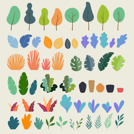 Vector set of flat illustrations of plants, trees, leaves, branches, bushes and pots. Flat cartoon vector illustrationのイラスト素材