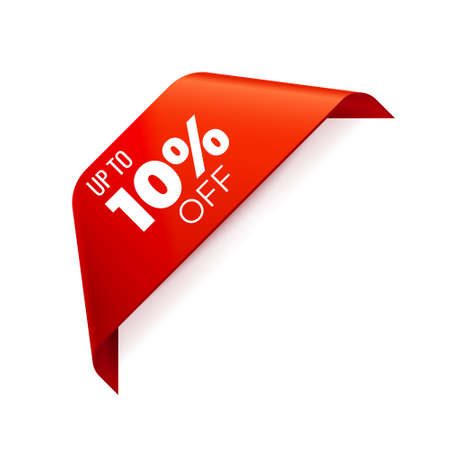 Red Vector Banner Ribbon on white background, corner ribbon, up to 10 percent off - Vector Illustrationのイラスト素材