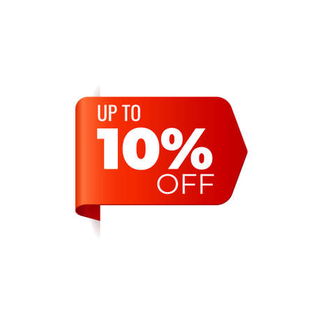 Red Vector Banner Ribbon on white background, left bookmark, up to 10 percent off - Vector...