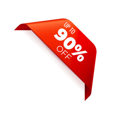 Red Vector Banner Ribbon on white background, corner ribbon, up to 90 percent off - Vector Illustrationのイラスト素材