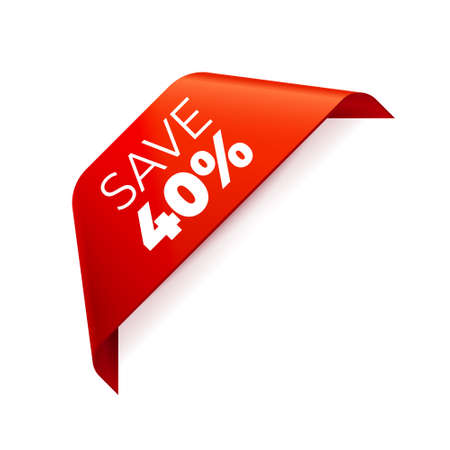 Red Vector Banner Ribbon on white background, corner ribbon, save 40 percent - Vector Illustrationのイラスト素材