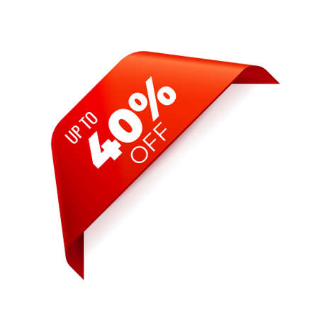 Red Vector Banner Ribbon on white background, corner ribbon, up to 40 percent off - Vector Illustrationのイラスト素材