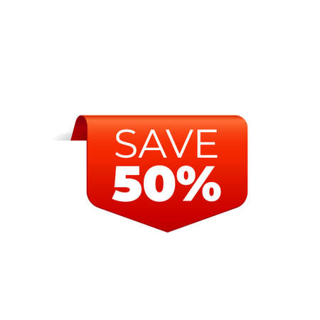 Red Vector Banner Ribbon on white background, top bookmark, save 50 percent - Vector Illustrationのイラスト素材