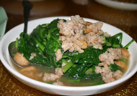 Chinese Minced Pork and Spinach on a White Plate