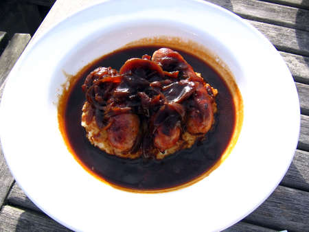 Sausages and Celeriac Mash with Onion Gravy Al Frescoの写真素材