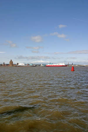 Cargo Ferry Ships on the River Mersey in Liverpool England UKの写真素材