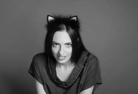 Beautiful and healthy girl model with long hair. Black and white photography. Bezel with earsの写真素材