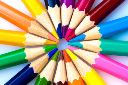 Many different colored pencils on white backgroundの写真素材
