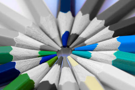 Many different colored pencils on grey backgroundの写真素材