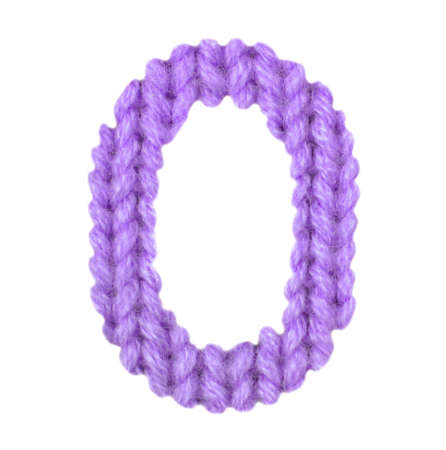 Number 0 alphabet on a blurry texture knitted pattern of woolen thread closeup. One figure of the alphabet. Education and holidays. Typography design. Color purpleの写真素材