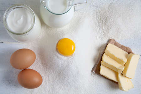 Dough preparation. Ingredients for dough on white table