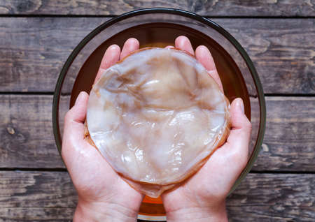 Kombucha mushroom pro biotic in unrecognizable man hand on vintage wooden background. Dietic organic...