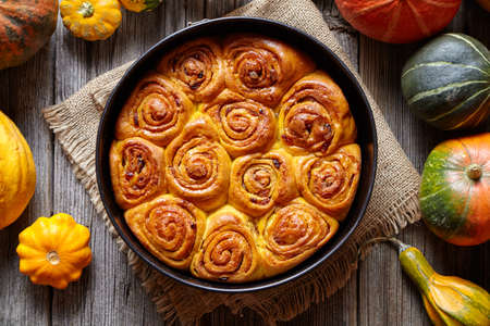 Cinnamon pumpkin dough bun rolls spicy traditional Danish baked vegan sweet autumn treat cake holiday dessert swirl bread pastry food with raw pumpkins on vintage wooden table background.の写真素材