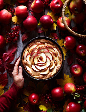 Apple pie cake decorated with apple slices in the baking dish on a wooden background decorated with red apples and leaves. View from above.の写真素材