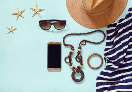 Summer womens beach modern lifestyle trendy clothing accessories for sea travel vacation: hat,...