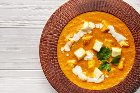 Close up of Shahi paneer texture Indian vegetarian masala gravy meal with vegetables and white sauceの写真素材