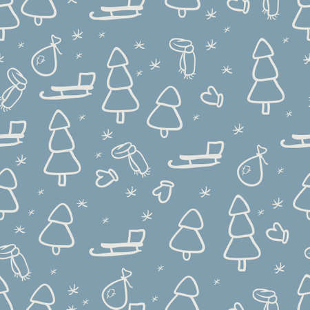 Winter seamless background with sleigh and firsのイラスト素材