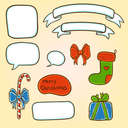 Christmas objects set with candy, stocking, speech clouds and ribbonsのイラスト素材