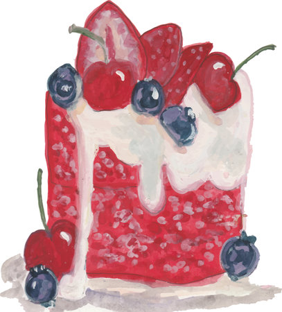 Watercolor illustration of a cake with cherries and raspberriesのイラスト素材