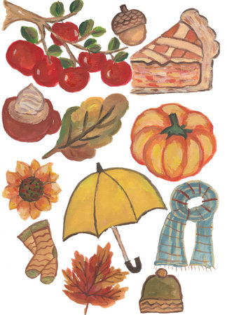 Autumn watercolor set. Hand drawn illustration of autumn symbols.のイラスト素材
