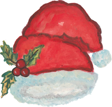 Watercolor illustration of a red Santa hat with holly berryのイラスト素材