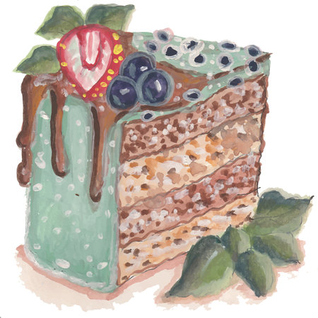 Watercolor illustration of a piece of cake with strawberries and blueberries