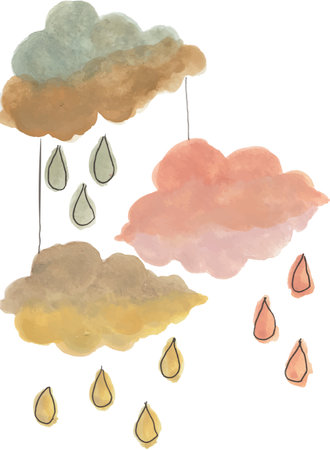 Watercolor clouds and raindrops. Hand drawn illustration for your designのイラスト素材