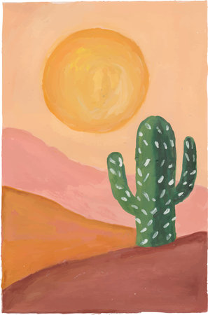 Hand drawn desert landscape with cactus and sunset. Vector illustration.のイラスト素材