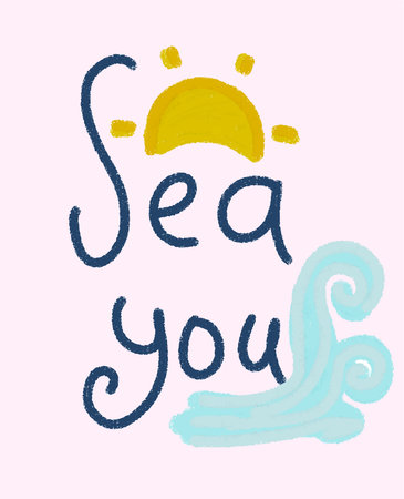 Hand drawn lettering of sea you with sun. Vector illustration.のイラスト素材