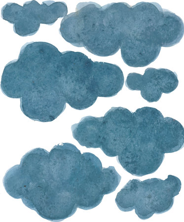 Blue watercolor clouds on white background. Hand drawn vector illustration.のイラスト素材