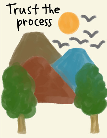 Vector illustration of a mountain landscape with trees and sun. Hand drawn style.のイラスト素材