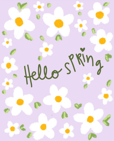 Hello spring card with white flowers and green leaves on a purple backgroundのイラスト素材
