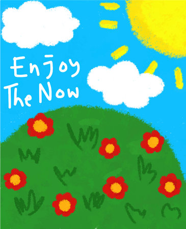 Hand drawn illustration with sun, clouds, flowers and lettering.のイラスト素材