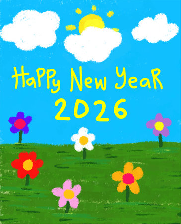 Happy new year 2015 with flowers on the meadow. Vector illustration