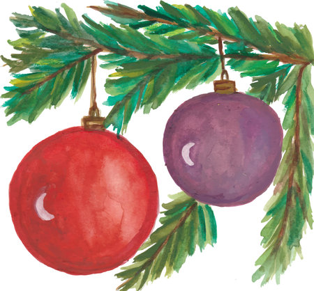 Watercolor Christmas tree branch with red and purple baubles.のイラスト素材