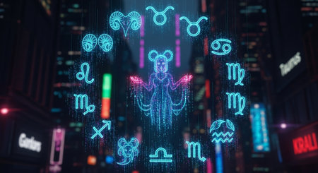 Futuristic glowing hologram of a mermaid on a night city background 3D renderingの素材