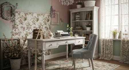 3d render of a vintage room interior with a desk and chairの素材