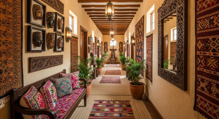 Interior of a hotel room with beautiful carpets on the wallsの素材