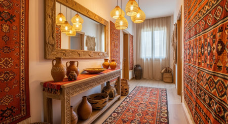 Interior of a hotel room with fireplace and vases, Greeceの素材