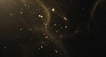 Golden glitter explosion on black background. Golden dust particles fly in the air. 3d renderingの素材