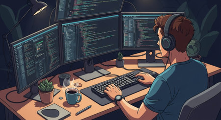 Programmer working on a computer. Vector illustration in cartoon style.の素材
