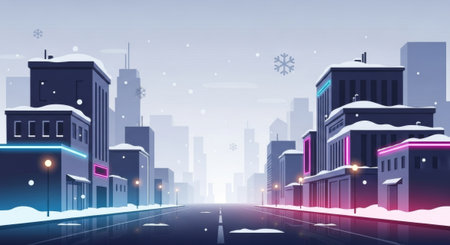Vector illustration of winter city with road and snowflakes in flat styleの素材