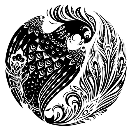 Firebird in circle in decorative vintage style. Magic fairy bird in ethnic folk manner. Black and white vector illustrationのイラスト素材