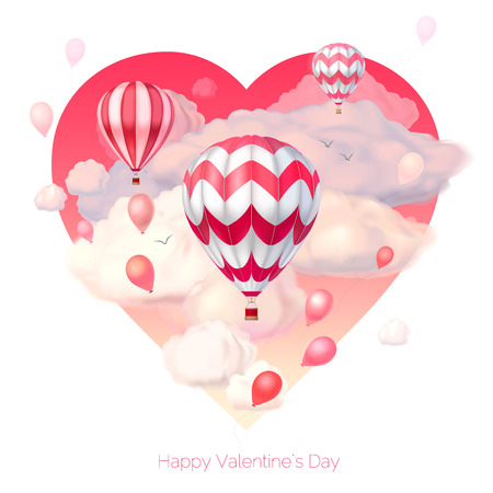 Valentine`s day 3d vector illustration. Pink heart with realistic flying hot air balloons and semitransparent clouds. Holiday card template in cartoon style isolated on white. Editable objectsのイラスト素材