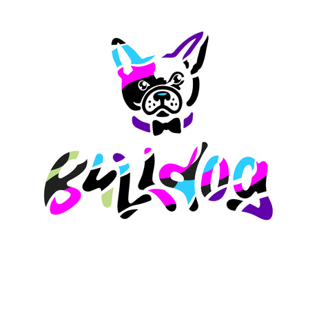 French bulldog in bow tie. Colorful hand drawn lettering and illustration of personage. Vector artwork in original graphic style isolated on white. Modern calligraphy. For logo, poster or card.のイラスト素材