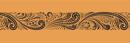 Vintage ornate seamless border pattern. Black vector ornament of curls and spirals on golden backgroundのイラスト素材