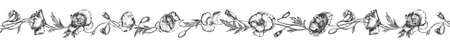 Border long horizontal ornament of poppy flowers, buds and leaves. Botanical hand drawn realistic illustration with indian ink. Graphic artwork for decoration in vintage styleのイラスト素材