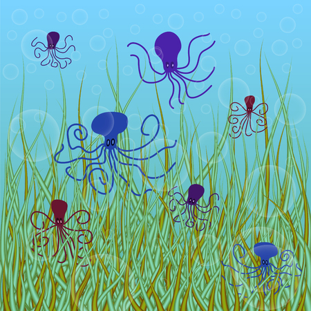 abstract vector underwater background with octopuses and bubblesのイラスト素材