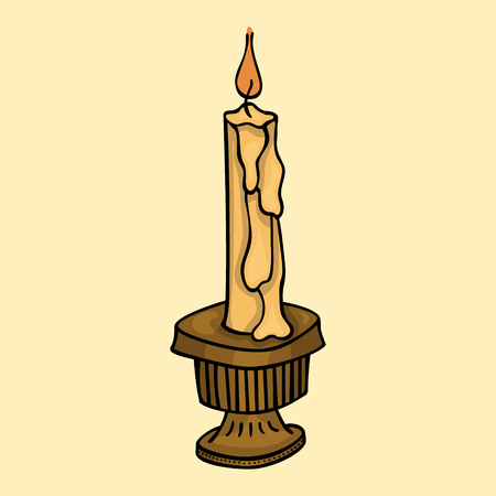 doodle cartoon isolated burning candle on brown vintage candleholderのイラスト素材