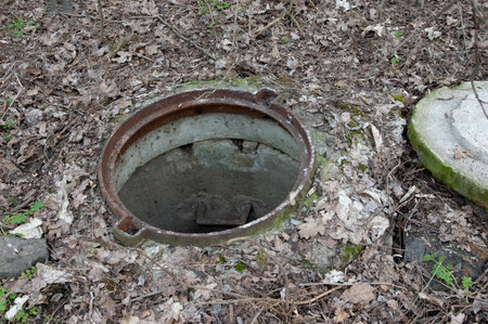 an open manhole in the woods, the ground is strewn with old autumn leaves.